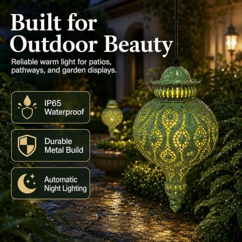 Moroccan Solar Lanterns Outdoor Hanging Garden Decor (2 Pack, Green) - Image 6