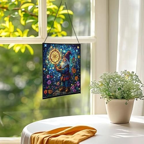 Gnome with Dreamcatcher Stained Glass Suncatcher – Square Hanging Window Panel for Home or Greenhouse – Whimsical Glass Art Gift for Garden Lovers, Christmas, Halloween, Father Days 8jzg1a - Image 3
