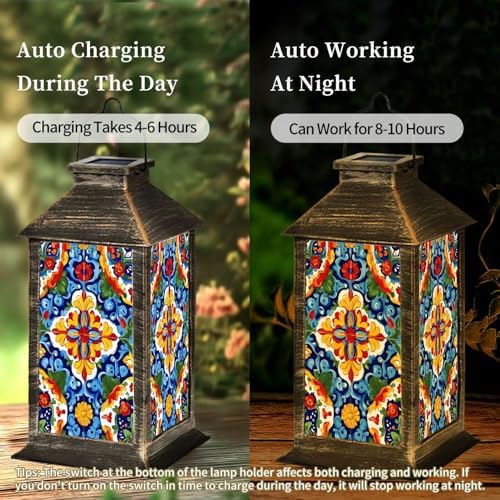 Solar Lantern Mexican Talavera Ceramic Tile Seamless Folklore Flower Texture Outdoor Waterproof Hanging Solar Light Outside Lights for Patio Yard House Lawn Decor Birthday Gifts for Women Mom - Image 4