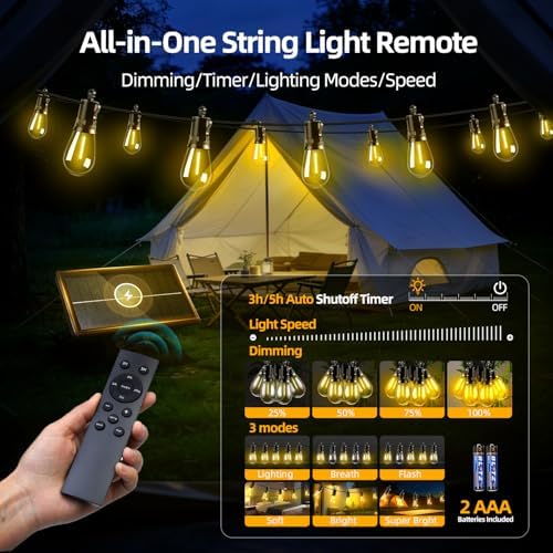 Solar Lights Outdoor Patio Lights: S14 15M 50FT Solar Powered Remote Control 3 Light Modes Dimmable Solar Waterproof Light - Shatterproof Bulbs - Camping Backyard Garden Deck Outside Yard - Image 2