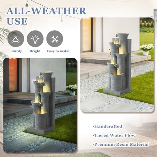 Grepatio Outdoor 5-Tiers Cascading Water Fountain, Garden Waterfalls Fountain with LED Lights, 24" H Modern Indoor Floor Standing Water Fountains with Pump for Patio, Yard, Deck Decor (Light Grey) - Image 6