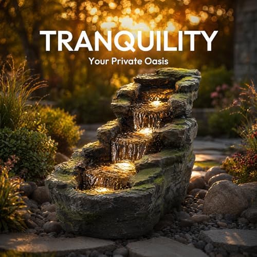 Rock Waterfall Fountain with LED Light, Resin Outdoor Garden Water Feature - Image 5