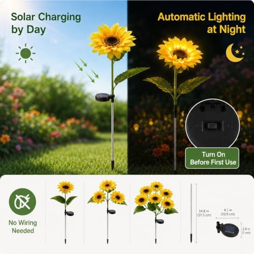 Solar Sunflower Stake Light, Yellow Outdoor Garden Accent Lamp - Image 4