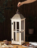 TIMRIS Large Rustic Wooden Decorative Lantern Set of 2, Modern Farmhouse Distressed Whitewash Floor Candle Lanterns, Indoor/Outdoor Hanging Lanterns for Home Decor (No Glass) - Image 2