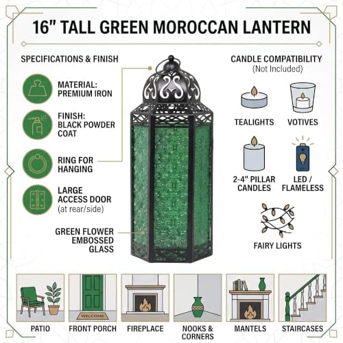 Vela Lanterns Decorative Indoor Candle Holder Table Centerpieces - Moroccan Hanging Outdoor Patio & Porch Home Decor, Turkish Floor Lamp for Wedding, Ramadan (Extra Large 16", Green Glass) - Image 5