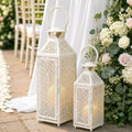 JHY DESIGN Set of 2 Decorative Candle Lanterns 19"&14" H, Vintage White Gold Metal Lantern with Hollow Pattern, Indoor Outdoor Lantern Candle Holders for Porch, Patio, Wedding, Table Centerpiece by JHYDESIGN