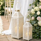 JHY DESIGN Set of 2 Decorative Candle Lanterns 19"&14" H, Vintage White Gold Metal Lantern with Hollow Pattern, Indoor Outdoor Lantern Candle Holders for Porch, Patio, Wedding, Table Centerpiece by JHYDESIGN