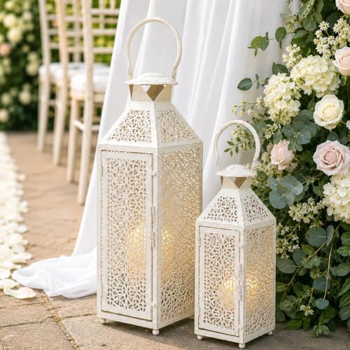 JHY DESIGN Set of 2 Decorative Candle Lanterns 19"&14" H, Vintage White Gold Metal Lantern with Hollow Pattern, Indoor Outdoor Lantern Candle Holders for Porch, Patio, Wedding, Table Centerpiece by JHYDESIGN