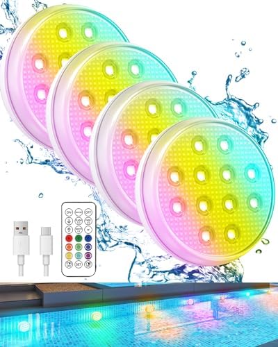 Pool Lights, Rechargeable Submersible LED Lights with Remote, IP68 Waterproof 16 Color Changing Floating Lights, Built-in Magnet Underwater Lights for Fountain, Pond, Aquarium(4 Pack) by Ueyake