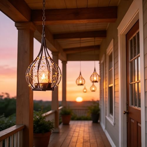 Hanging Solar Lanterns 4 Pack Outdoor Waterproof, Teardrop Wire Cage Beaded Vintage Candle Lantern with 4 Solar Tea Lights, Hanging Solar Lights for Outside Tree Patio Garden Backyard Porch Yard - Image 6