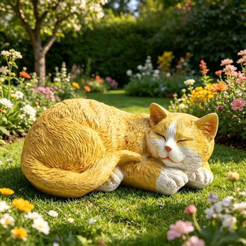 11.4 inch Sleeping Orange Cat Garden Statue – Realistic Resin Outdoor Decor for Patio Lawn Yard – Whimsical Feline Figurine for Home Balcony Porch Ornament – Charming Pet Sculpture Gift for Mom - Image 2