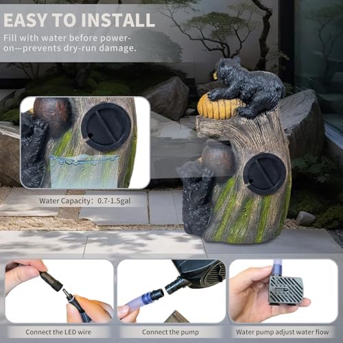 23.6'' Bear Outdoor Water Fountain with LED Lights, Cascading Resin Garden Waterfall Fountain with Pump, Cute Animal Water Feature for Patio Yard Backyard Balcony Decor - Image 5