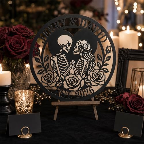 Personalized Skeleton Couple Metal Sign, Gothic Romantic Wall Art, Custom Skull Lovers Gift for Couples, Skeleton Rose Wall Sign, Metal Anniversary Wedding Decor(Style 11) - Image 4