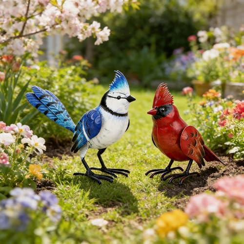 Shorayn Cardinal Decor Garden Statues Metal Bird Yard Art Sculptures,Standing Blue Jay Figurine Outdoor Decoration for Lawn Ornament,Christmas Housewarming Birthday Gifts for Women - Image 3