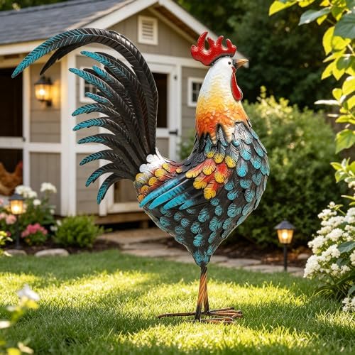 32" Large Metal Rooster Decor, Outdoor Garden Statues,Yard Art by Ultym
