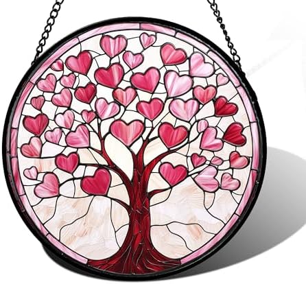 Pink Heart Tree Stained Glass Window Hanging Suncatcher Gifts Decor 9.8" by DASTOLL