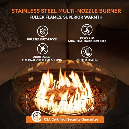 COSIEST 42 inch Outdoor Propane Fire Pit Coffee Table w Concrete Round Base Patio Heater, Certified, 50,000 BTU Stainless Steel Burner, Free Lava Rocks, Wind Guard, Rain Cover - Image 5