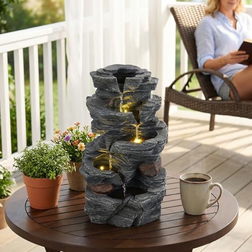 Giantex 5-Tier Water Fountain Outdoor, 18 Inch Cascading Stacked Stone Waterfall Fountain with Lights & Pump, Outside Zen Water Feature for Patio, Balcony, Deck, Garden, Yard Decor - Image 7