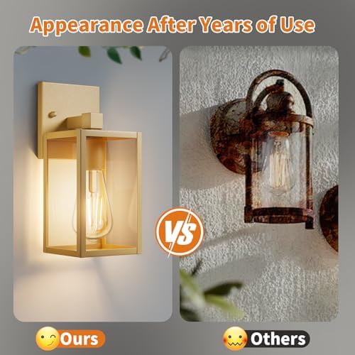 Outdoor Light Fixtures Wall Mount, Waterproof Front Porch Lights, Modern Exterior Lighting Fixtures with E26 Socket, Gold Wall Sconces Lantern Lamp, Outside Lights for House, Garage, Patio (2 Pack） - Image 5