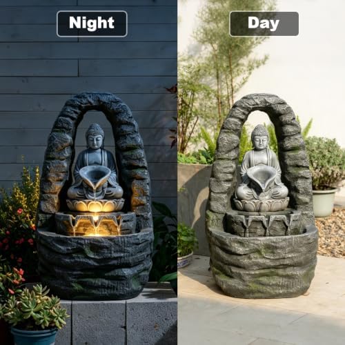 27.2" H Outdoor Water Fountain with LED Lights, Buddha Design Cascading Water Feature for Zen Garden Patio Backyard Porch Decor - Image 4