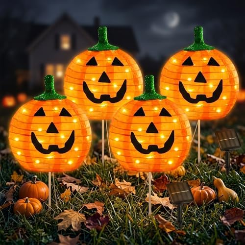 BRIGHTDECK Halloween Solar Pathway Lights Outdoor, LED Decor, Light Up Solar Stake Lights for Holiday, Halloween, Walkway, Sidewalk (Foldable Pumpkin, 4-Pack) by BRIGHTDECK