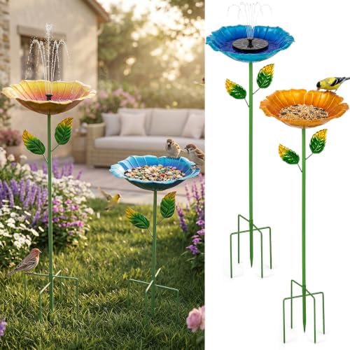 SiliFine 2 Pack Solar Bird Bath Fountain for Outdoors, Flower Metal Hummingbird Bath with Solar Fountain, Garden Bird Baths with 5 Stake Stand for Yard Lawn Patio Decor, 31.3" H x 10.63" Dia by SiliFine