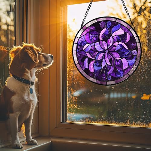 Purple Abstract Flower Stained Glass Window Hanging Suncatcher Gifts 12" - Image 2