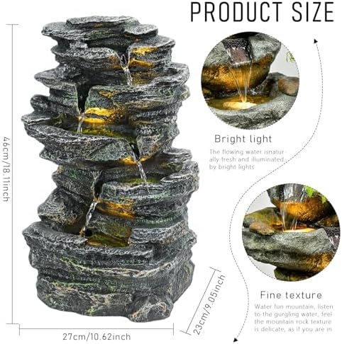 6-Tier Cascading Rock Water Fountain, with LED Warm Light, Outside Patio Water Features Fountain, Garden Waterfall Decor for Patio, Backyard, Porch and Home Art Decor (Cascading Rock Water Fountain) - Image 2
