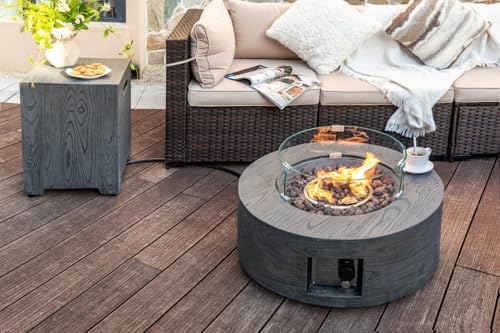 Lume Vale 28" Round Propane Fire Pit Table – 40,000 BTU Outdoor Fire Pit with Lid & Stone Finish, 2-in-1 Patio Heater & Dining Table, CSA Certified (Gray Wood Grain, Fire Pit with Wind Guard&Tank) - Image 3
