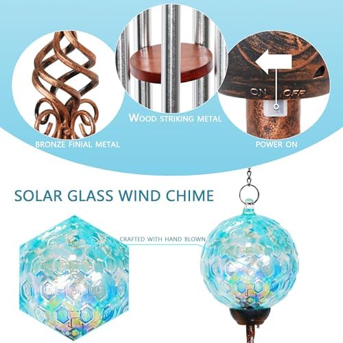 Wind Chimes, Solar LED Outdoor Garden Lighting, Light Biue Glass and Metal Wind Chime Lawn and Yard Decoration with Bronze Metal Finial, 5 x 46.5 Inch (Light Blue) - Image 2