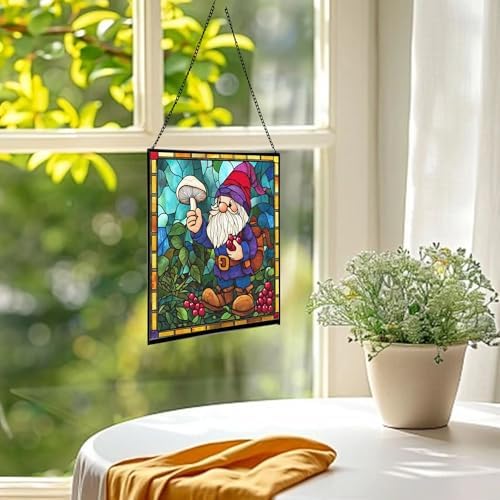 Gnome with Berry Dyes Stained Glass Suncatcher – Square Hanging Window Panel for Home, Garden, Nursery, Halloween, Christmas, Memorial Day – Whimsical Glass Art Gift for Gnome Lovers r1sbo0 - Image 3