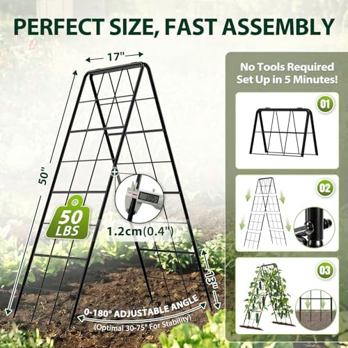 2 Pack 50" Tall A Frame Trellis for Climbing Plants Outdoor (50" X 17") – Heavy Duty Garden Adjustable Trellis, Metal Trellis for Cucumbers, Beans, Tomatoes, Grapes, and Vining Vegetables - Image 2