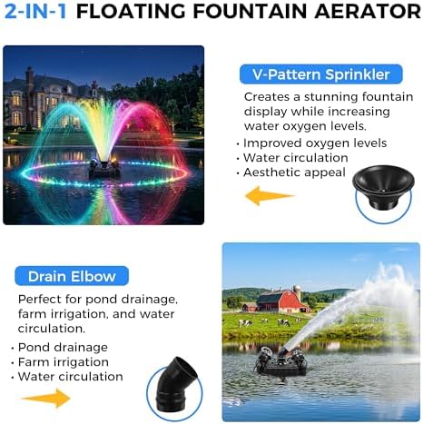 AirWire Pond Fountain Aerator, 1HP 750W 15000GPH 110V High Flow FloatingPond, Pure Copper Motor & Stainless Steel Body, with Timer & 100' Power Cord +2x100' Guide Ropes for Pond Lake, 4 RGB Lights - Image 4
