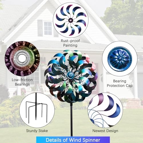 Wind Spinners Outdoor,64.2Inch 360°Rotating Crescent Windmill for Yard, Garden Wind Spinner with Blue Green Purple Gradient Blades, Weatherproof Metal Garden Decor - Image 2