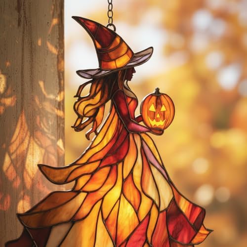 Autumn Witch Acrylic Suncatcher - Faux Stained Glass Indoor Window Hanging Ornament, Outdoor Sun Catcher Panel, Home Decor Gift for Halloween Lovers - Image 3