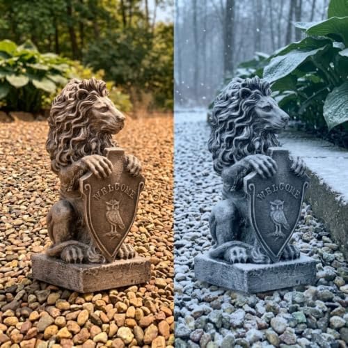 OLOMA Lion Welcome Concrete Statue Cement Guardian Figurine Outdoor Garden Sculpture Leo Handmade Decor Front Porch Entryway Patio Yard Lawn Ornament Front Door Gothic Art - Image 4