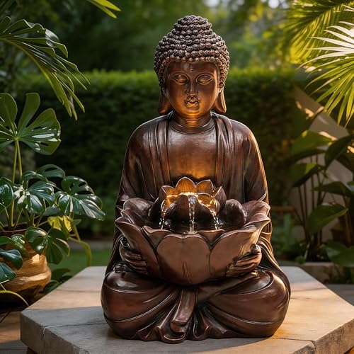 AUTODAYA 18.9" H Buddha Statue Outdoor Water Fountain with Warm LED Lights - Image 3