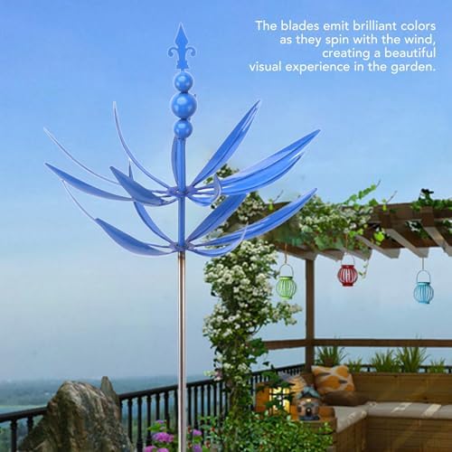 Blue Iron Windmill, 360 Degree Rotation Wind Spinner, Kinetic Wind Sculpture, Metal Yard Art Decor, Weather Ornament for Garden Lawn Patio Backyard Outdoor Landscape Decoration. - Image 4