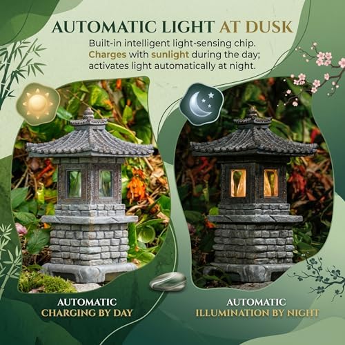 Pagoda Garden Statue, Solar-Powered Pagoda Garden Statue Auto-on Led Lantern for Zen Outdoor Decor, Dark Gray - Image 4