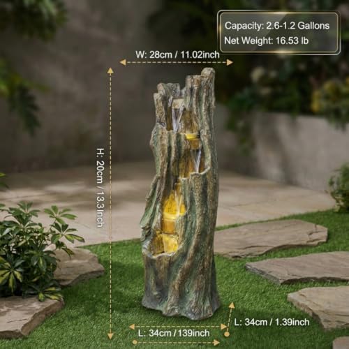 Tree Trunk Waterfall Fountain with LED Lights Tiered Cascading Resin Garden Water Feature for Patio Backyard Indoor Outdoor - Image 2