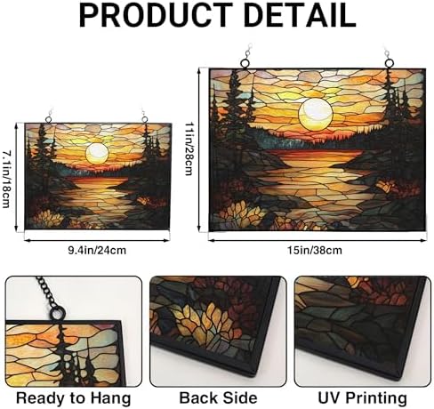 Rectangle Vintage Sunset in The Forest Stained Glass Window Hanging, Suncatcher for Women, Stained Glass Window Decor Perfect Home Décor - Image 3