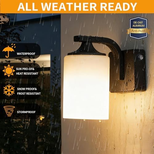 Dusk to Dawn Outdoor Wall Light Sconce, Waterproof Aluminum Porch Light Exterior Fixture with Milk Glass Shade for Patio, Yard, Garden House, Outside, Matte Black - Image 2