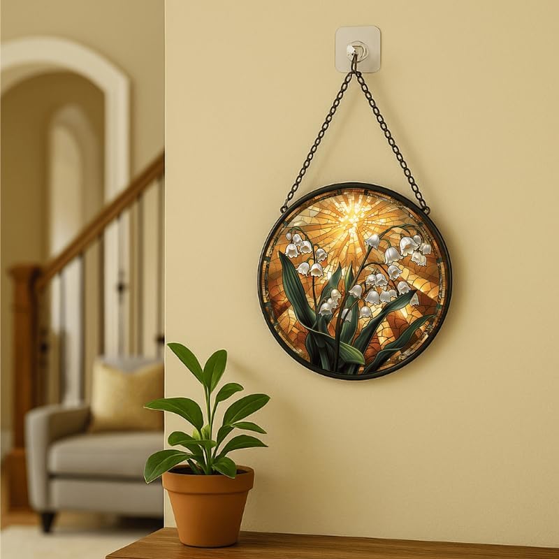 Stained Glass Window Hanging Lily of The Valley with Sunburst 11.8in Floral Sun Catcher, Vintage Rustic Home Decor - Image 6