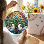 Statement Deluxe Bundle | Stained Glass Window Hanging, Tree of Life 3D Embossed Diamond Glass Suncatcher, 7-Piece Spiritual Gift Set with Crystal Pendant & Invisible Hooks - Image 6