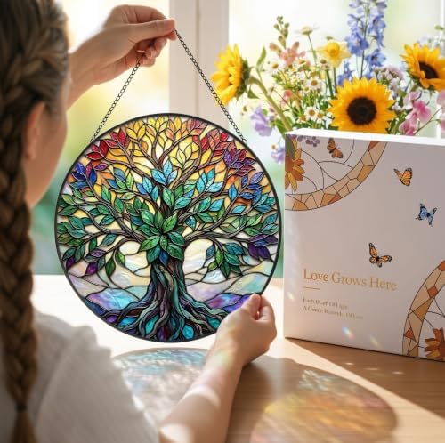 Statement Deluxe Bundle | Stained Glass Window Hanging, Tree of Life 3D Embossed Diamond Glass Suncatcher, 7-Piece Spiritual Gift Set with Crystal Pendant & Invisible Hooks - Image 6