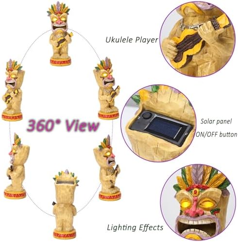 Solar Tiki Garden Statue with LED Eyes Outdoor Resin Ukulele Player Yard Decor Solar Light Hawaiian Style Lawn Ornament for Patio Porch Tiki Bar Decor Best Gift for Tiki Lovers - Image 4