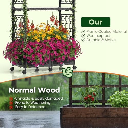 71"x16"x32" Planter Box with Trellis, 3-in-1 Self-Watering Planter Box with Wheels for Patio,Raised Garden Bed with Trellis, Drainage Holes & Metal Storage Rack for Vine Climbing Plants - Image 3