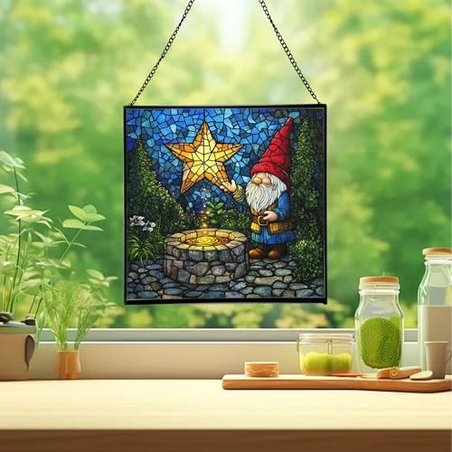 Starwell Gnome Wish Stained Glass Suncatcher – Square Hanging Window Panel for Home or Greenhouse – Whimsical Glass Art Gift for Garden Lovers, Christmas, Halloween, Father Days MZZ4pH - Image 2