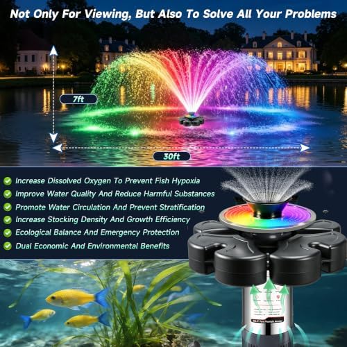 RELIY Pond Fountain Aerator, 50W RGBW Fountain Light 1HP 110V 15000 GPH Fountain Pump, Fully Automatic Powerful Lake Floating Fountain, 100 FT Power Cord, Pond Fountains For Large Ponds - Image 5