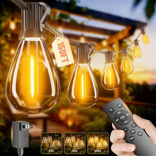 150FT Outdoor String Lights with Remote & Dimmable, 55+2 Shatterproof Waterproof Bulbs, Dimmable Outside Hanging Patio Lights for Backyard, Porch, Deck, Garden 2200K Warm White by Unknown